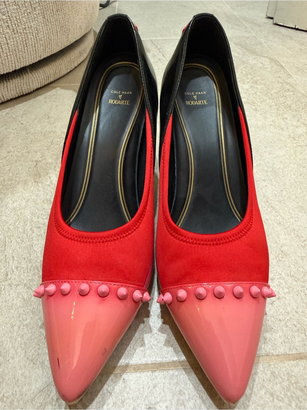 Cole Haan Red and Pink Pointed Studded Pumps